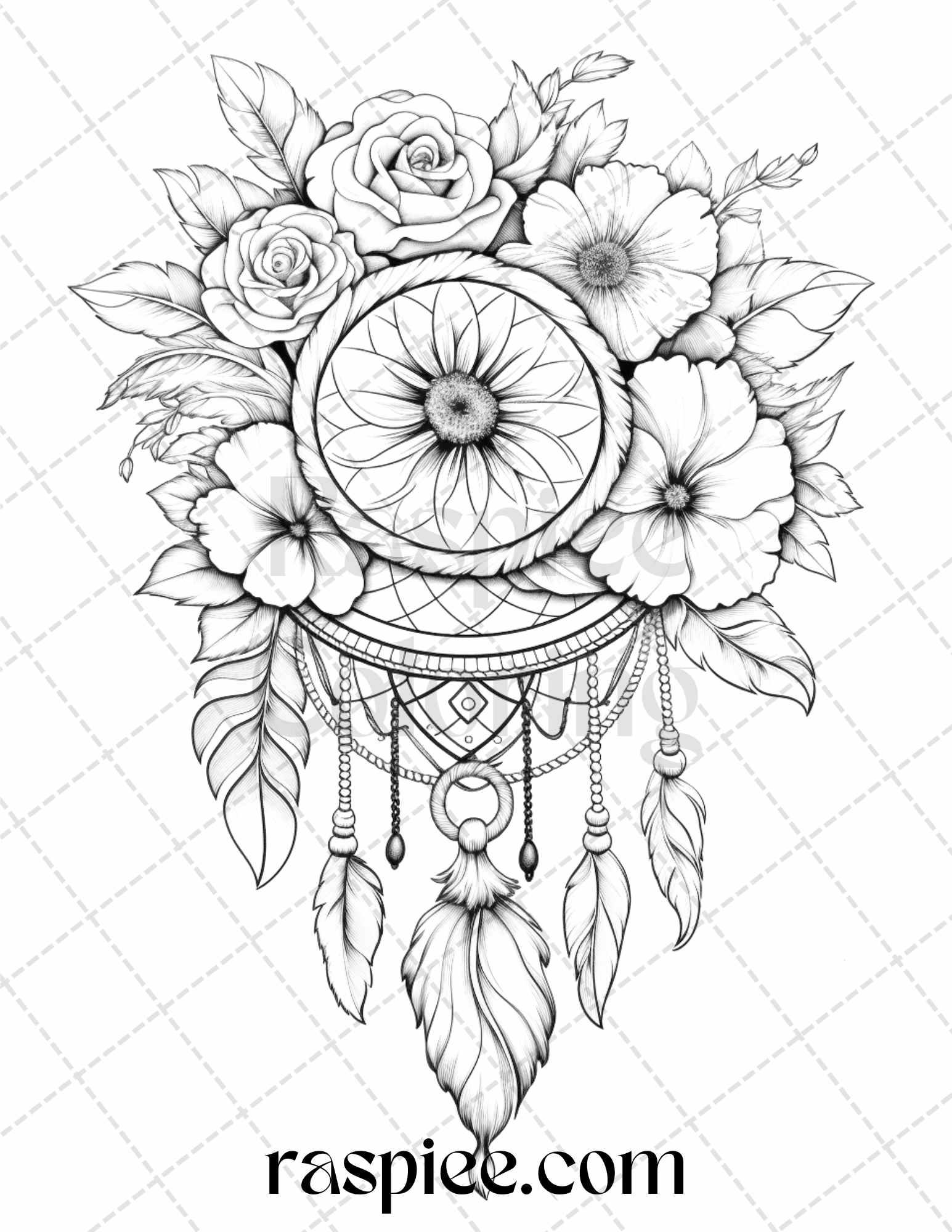 30 Flower Dreamcatcher Grayscale Coloring Pages Printable for Adults, PDF File Instant Download