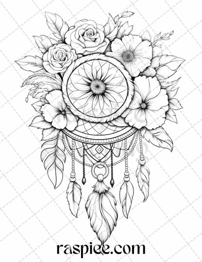 30 Flower Dreamcatcher Grayscale Coloring Pages Printable for Adults, PDF File Instant Download