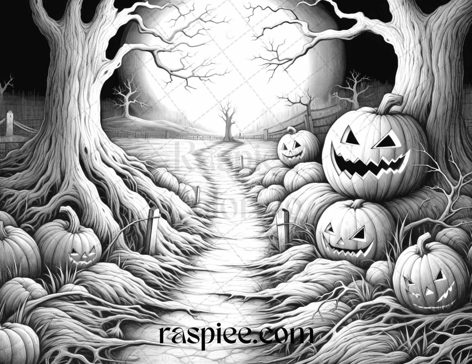 40 Halloween Landscapes Grayscale Coloring Pages Printable for Adults, PDF File Instant Download