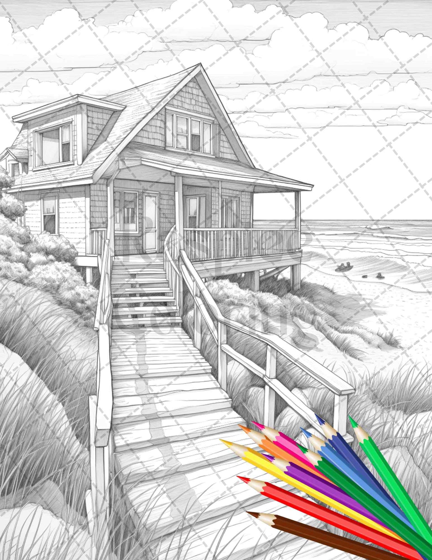 42 Wooden Beach Houses Grayscale Coloring Pages Printable for Adults, PDF File Instant Download