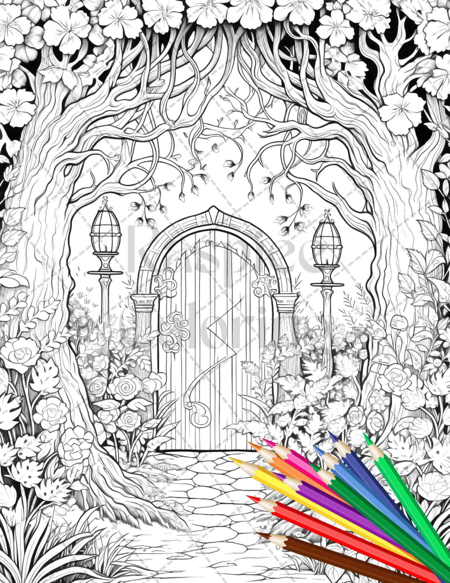 40 Magical Forest Gates Grayscale Coloring Pages Printable for Adults, PDF File Instant Download