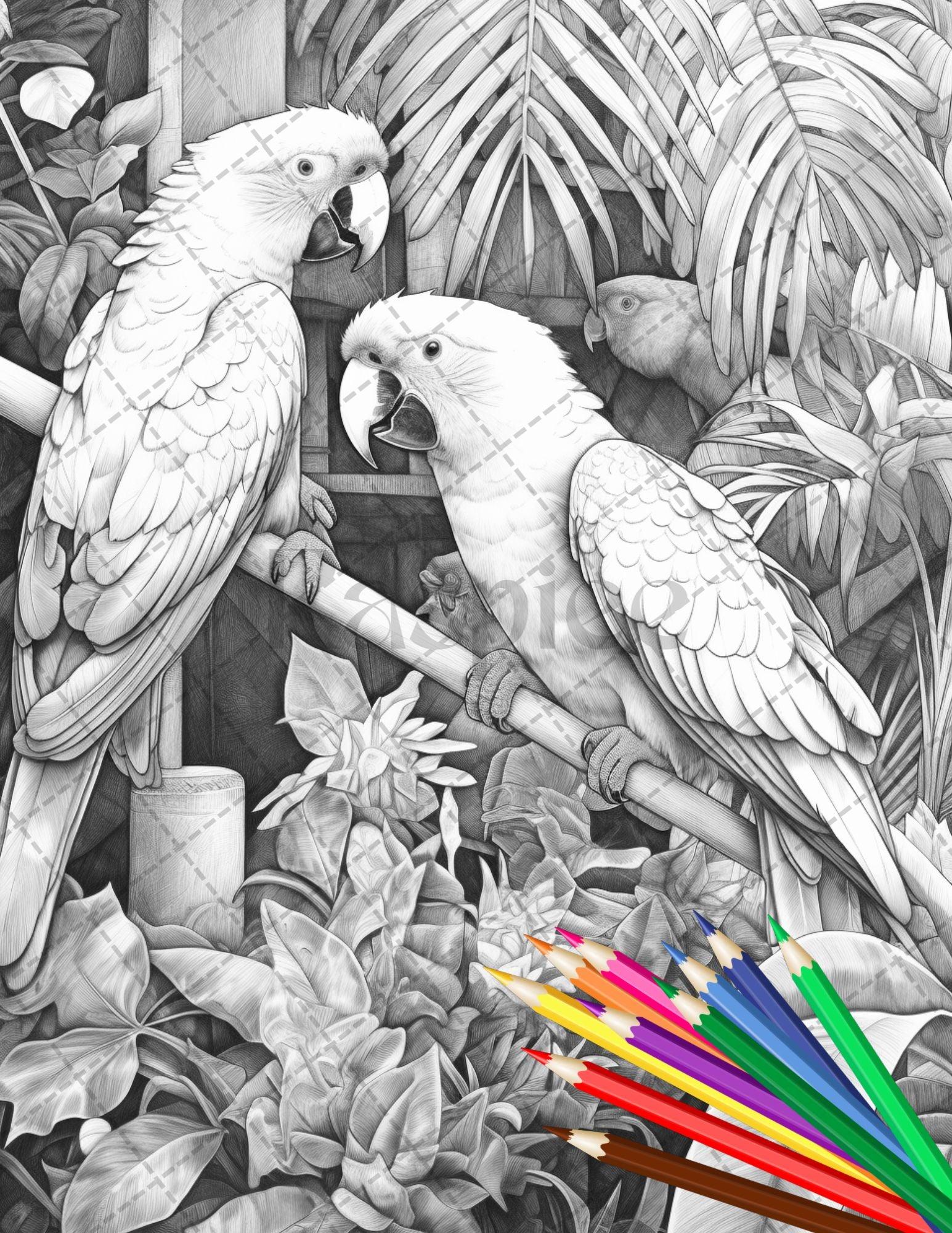 31 Tropical Birds Coloring Book for Adults, Grayscale Coloring Page, Printable PDF Instant Download