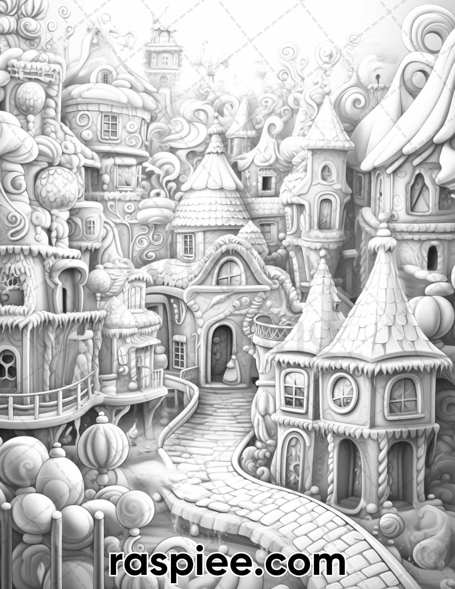 40 Gingerbread Village Grayscale Coloring Pages for Adults, Printable PDF Instant Download