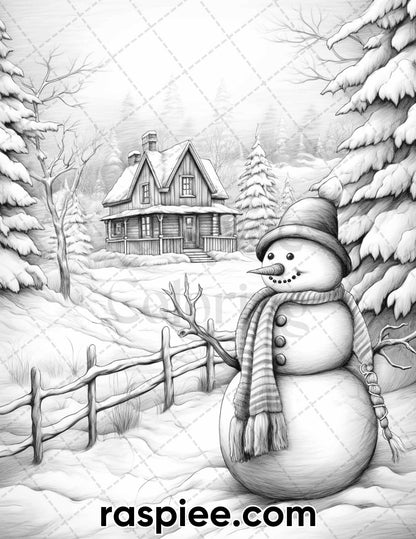 40 Chistmas Snowman Grayscale Coloring Pages for Adults, Printable PDF Instant Download