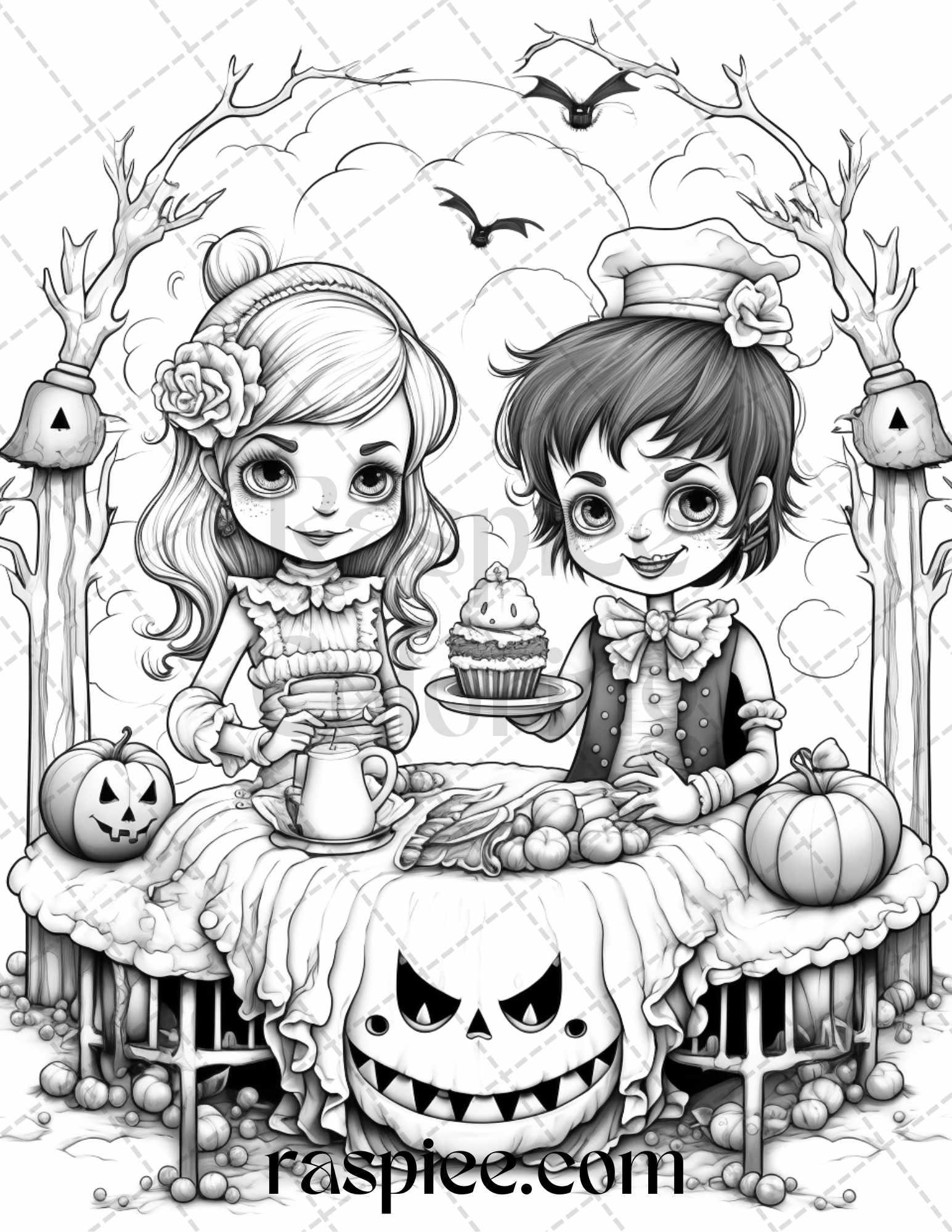 40 Halloween Creepy Kawaii Grayscale Coloring Pages for Adults and Kids, Printable PDF File Instant Download