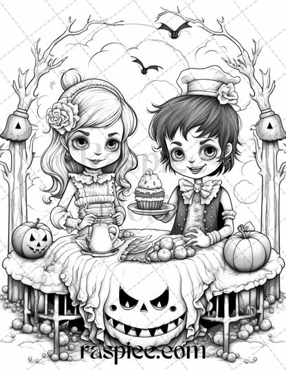 40 Halloween Creepy Kawaii Grayscale Coloring Pages for Adults and Kids, Printable PDF File Instant Download