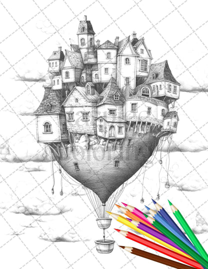 40 Fantasy Sky Houses Grayscale Coloring Pages Printable for Adults, PDF File Instant Download