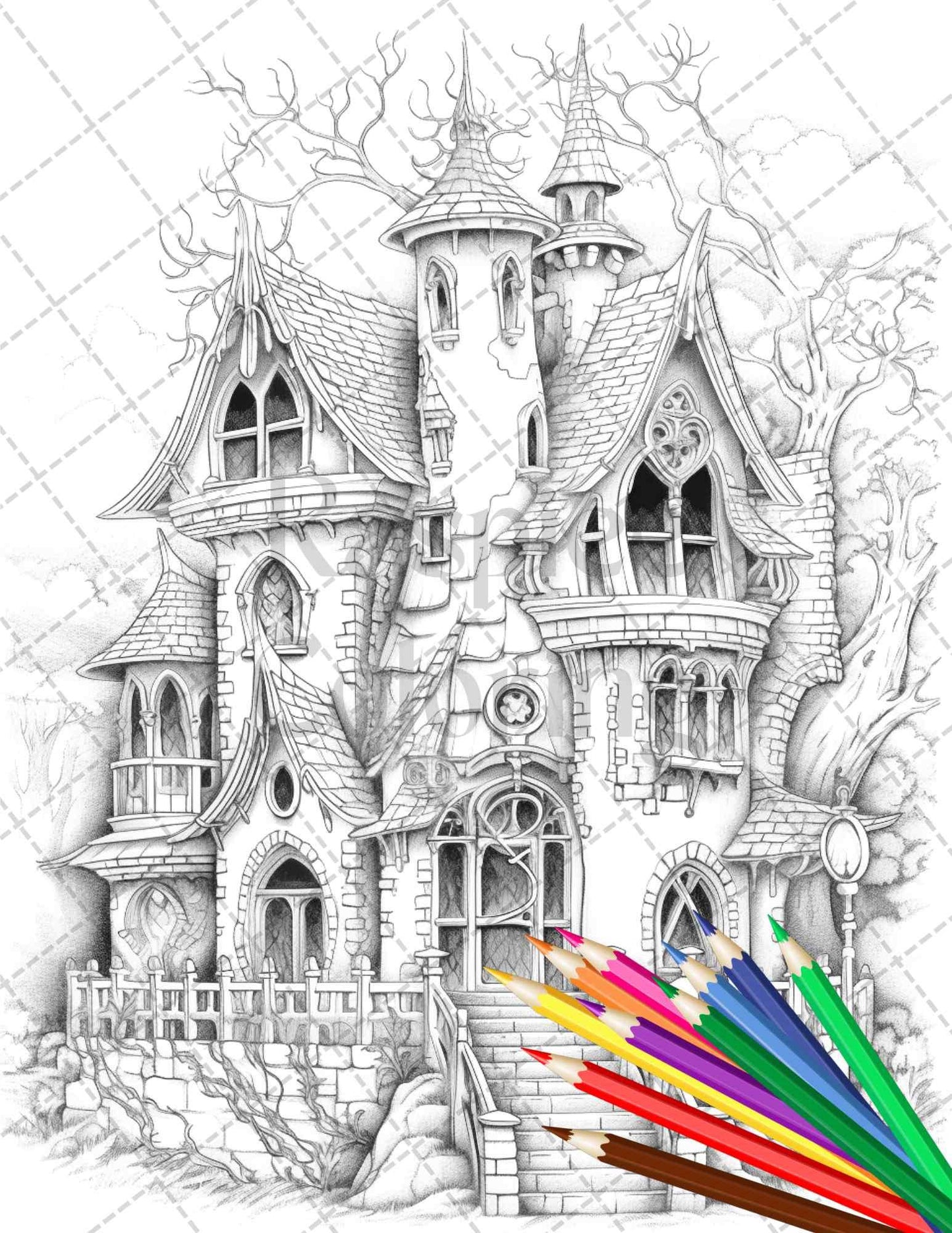 40 Creepy Gothic Houses Grayscale Coloring Pages Printable for Adults, PDF File Instant Download