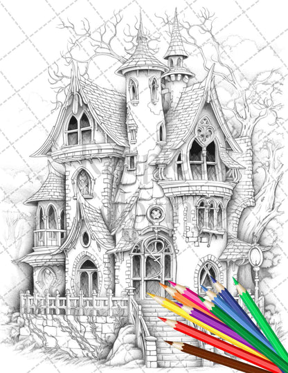 40 Creepy Gothic Houses Grayscale Coloring Pages Printable for Adults, PDF File Instant Download