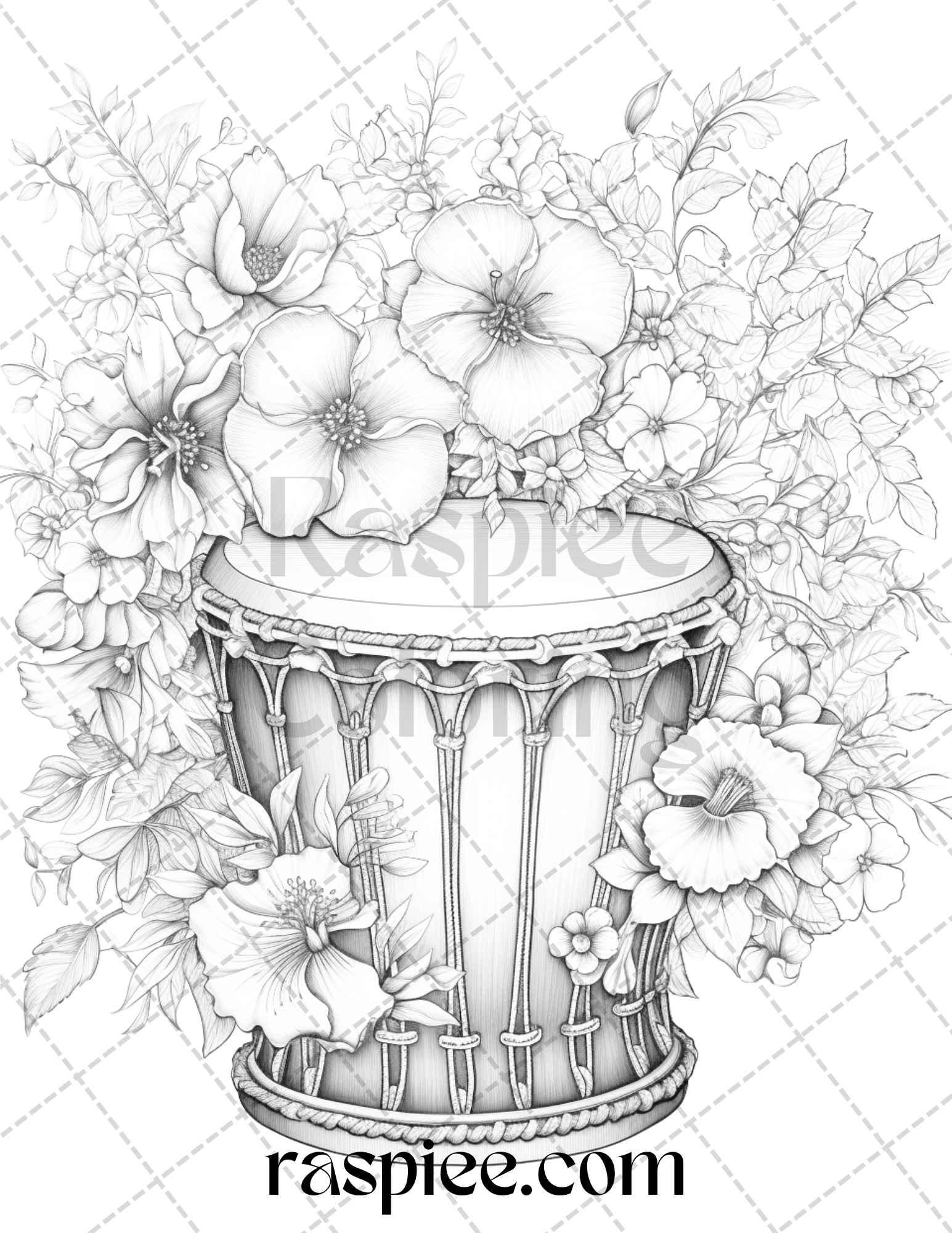 30 Musical Instrument Flower Grayscale Coloring Pages Printable for Adults, PDF File Instant Download