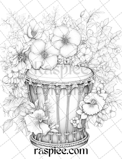 30 Musical Instrument Flower Grayscale Coloring Pages Printable for Adults, PDF File Instant Download