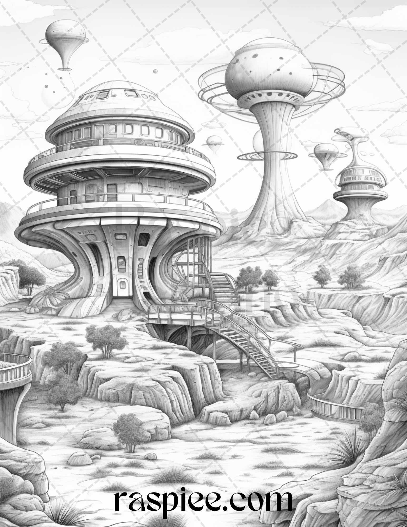 40 Alien Houses Grayscale Coloring Pages for Adults, Printable PDF File Instant Download