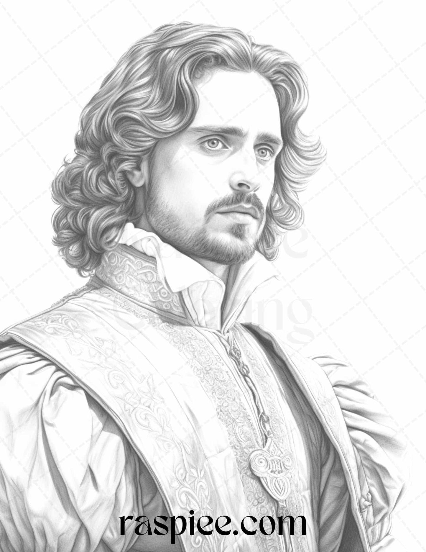 50 Baroque Man Portrait Grayscale Graysale Coloring Pages Printable for Adults, PDF File Instant Download