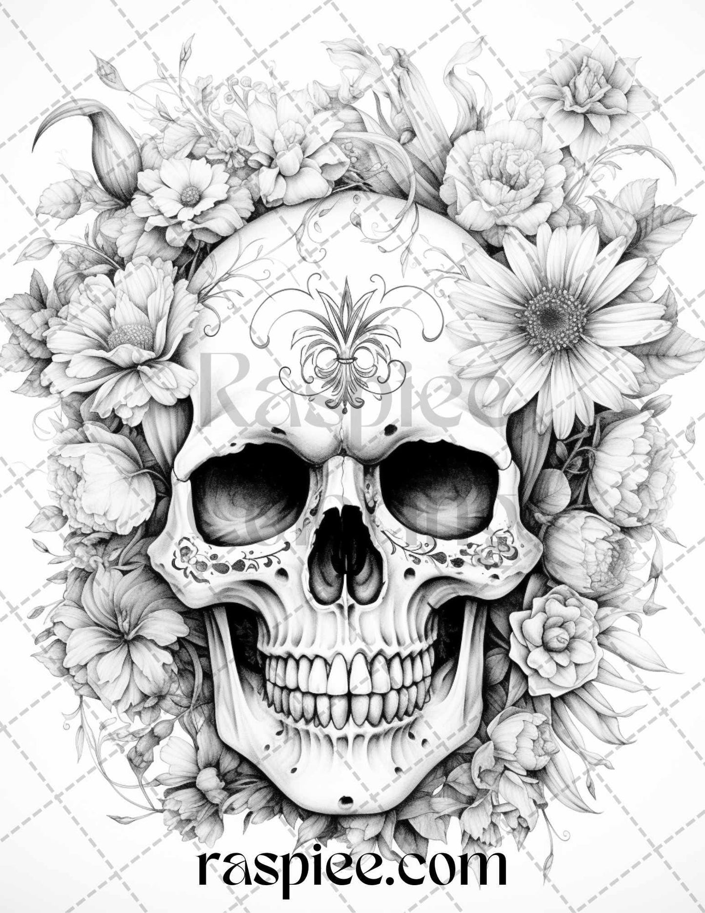 42 Floral Skull Grayscale Coloring Pages for Adults, Stress Relief Coloring Sheets, Printable PDF File Instant Download