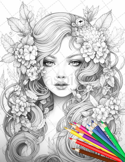 38 Flower Goddess Coloring Pages Printable for Adults, Grayscale Coloring Page, PDF File Instant Download