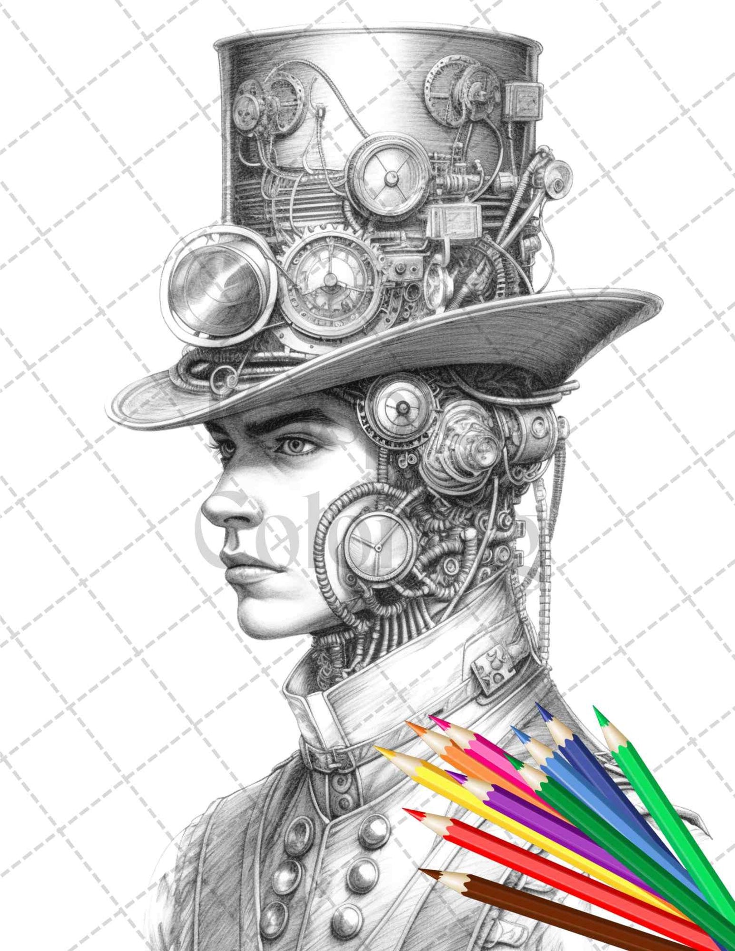 42 Steampunk Mens Grayscale Coloring Pages Printable for Adults, PDF File Instant Download