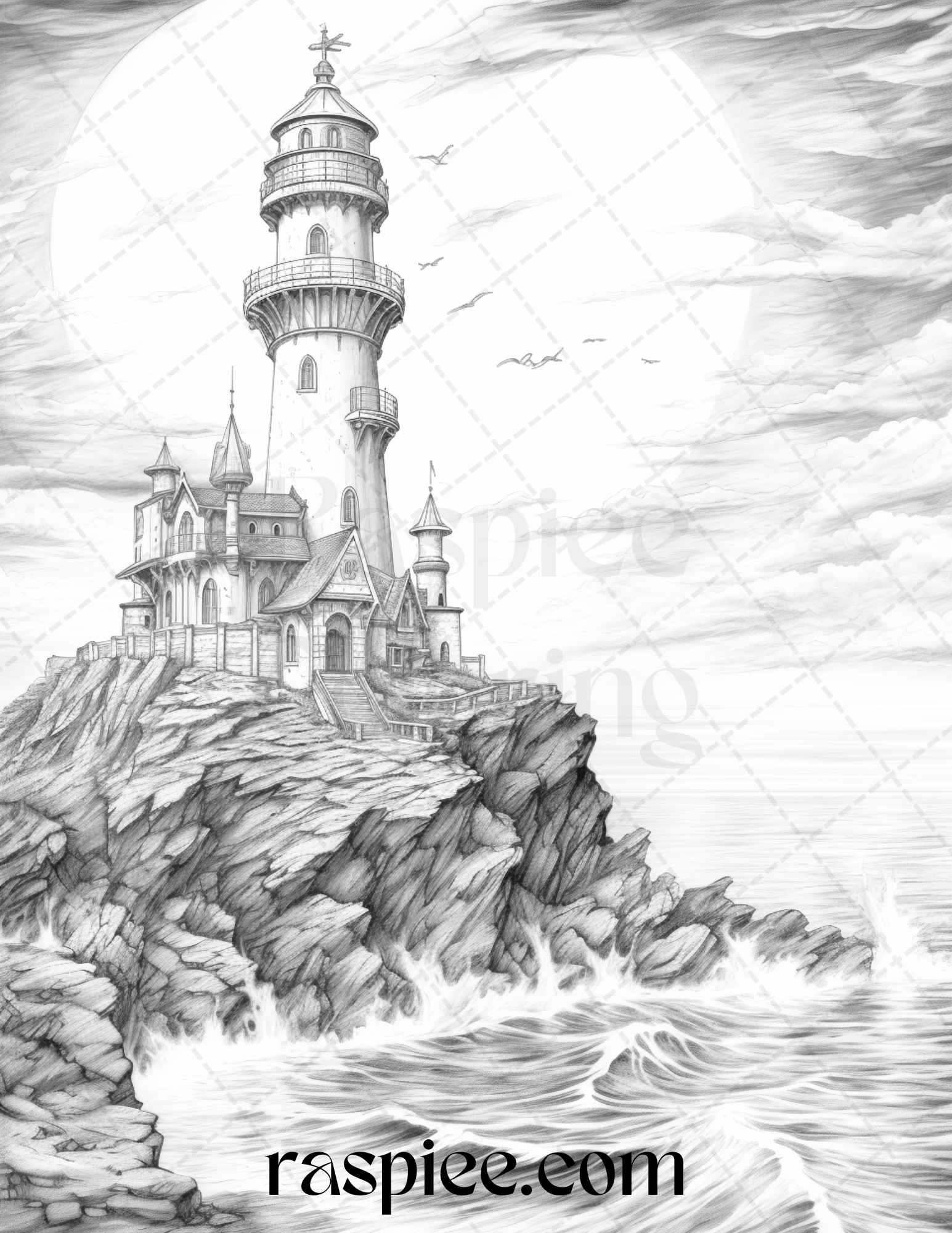 40 Majestic Lighthouses Grayscale Coloring Pages Printable for Adults, PDF File Instant Download