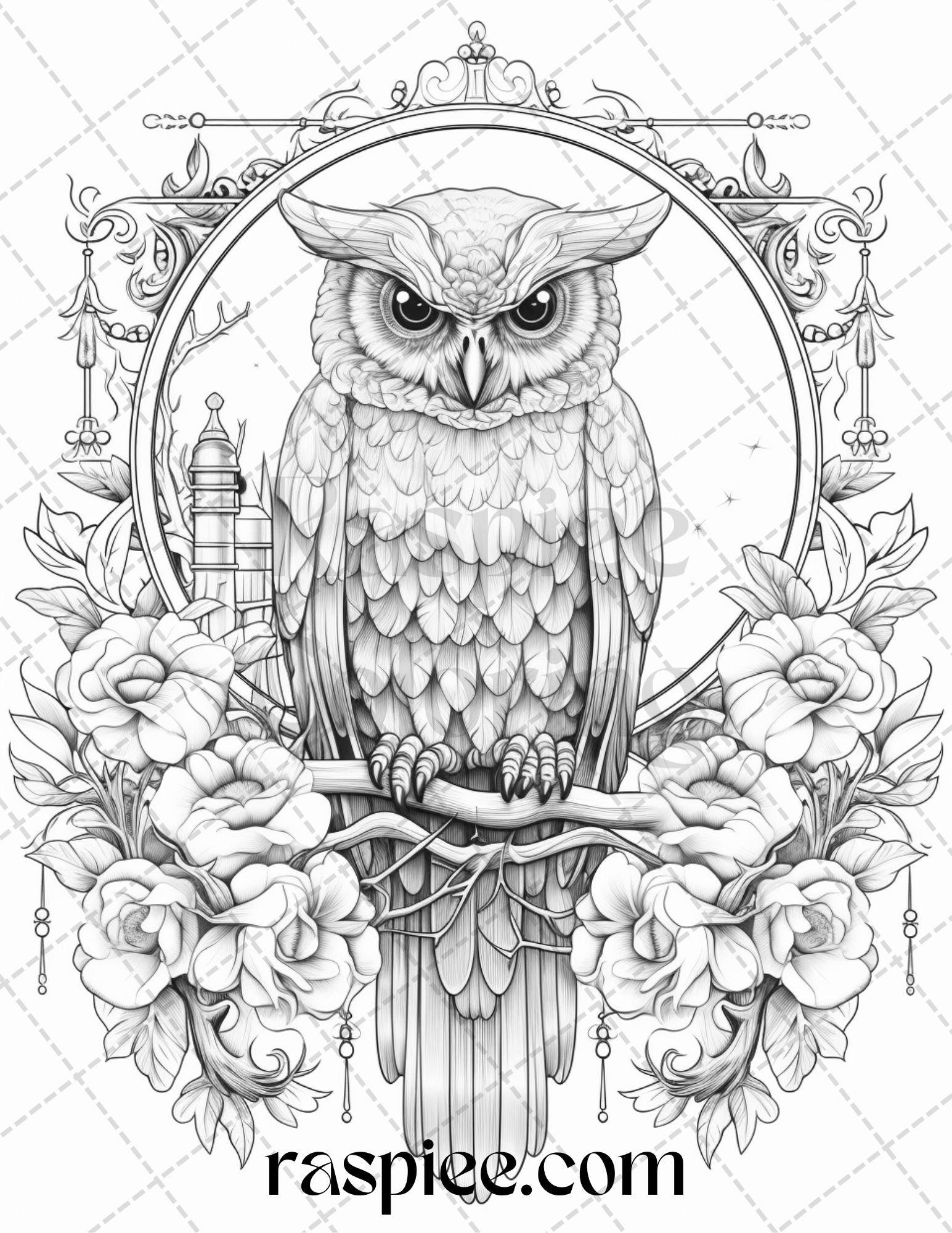 40 Floral Owl Grayscale Printable Coloring Pages for Adults, PDF File Instant Download