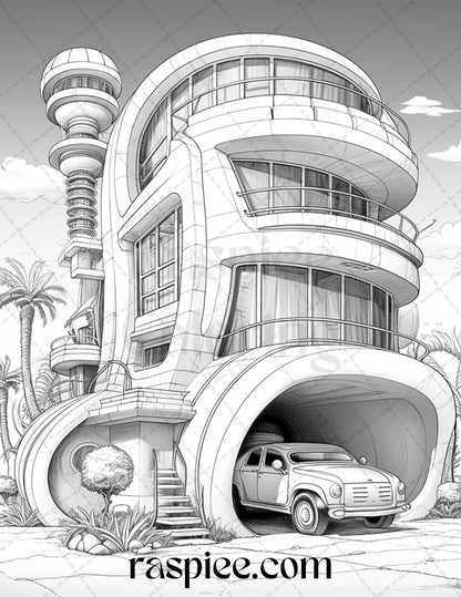 43 Futuristic Houses Grayscale Coloring Pages Printable for Adults, PDF File Instant Download