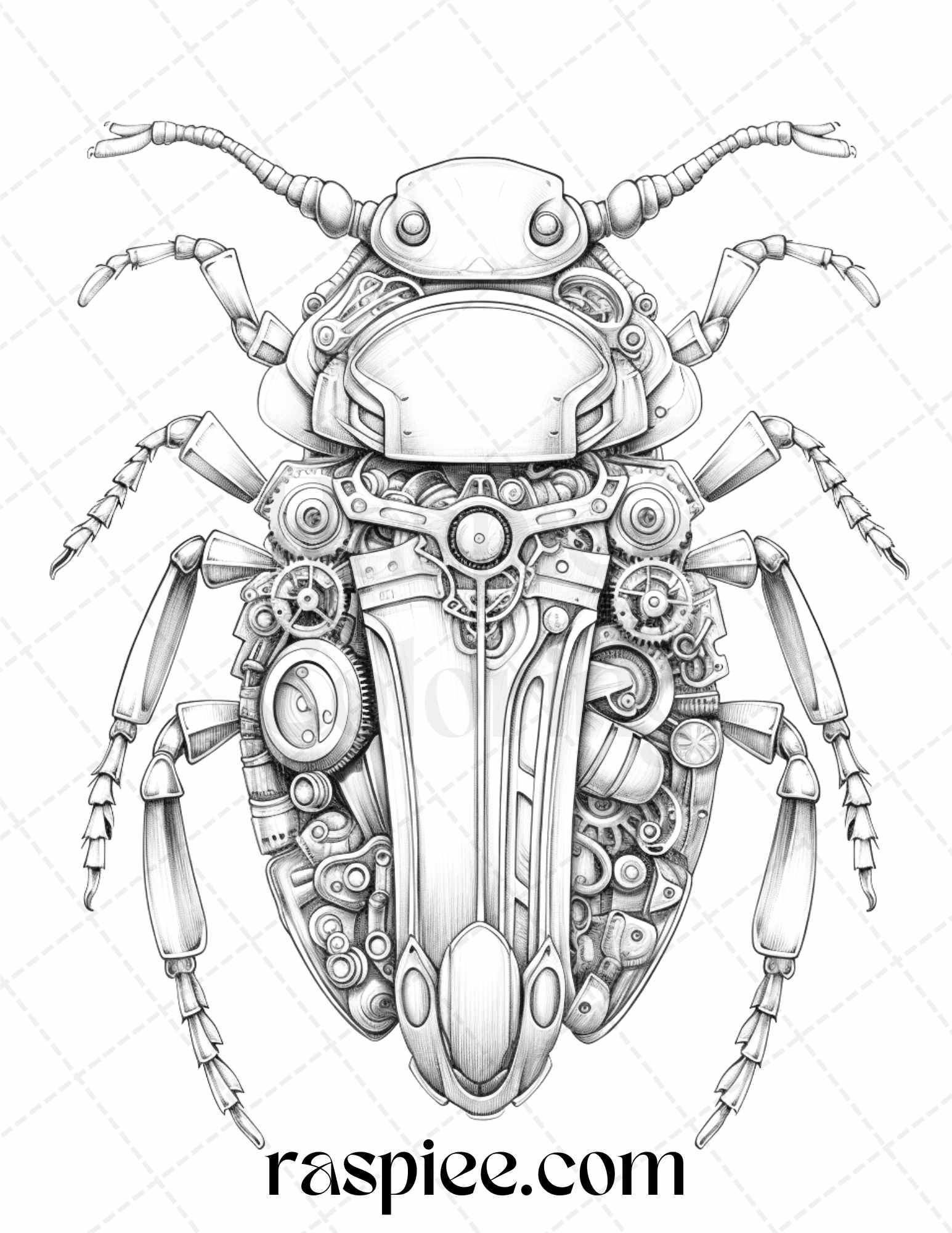 42 Steampunk Bugs Grayscale Coloring Pages Printable for Adults, PDF File Instant Download