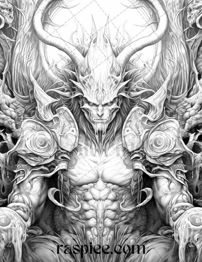 43 Fantasy Demons Grayscale Coloring Pages for Adults, Printable PDF File Instant Download