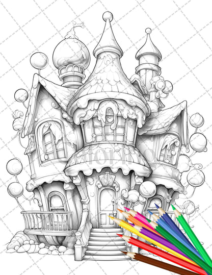 33 Ice Cream Houses Grayscale Coloring Pages Printable for Adults and Kids, PDF File Instant Download