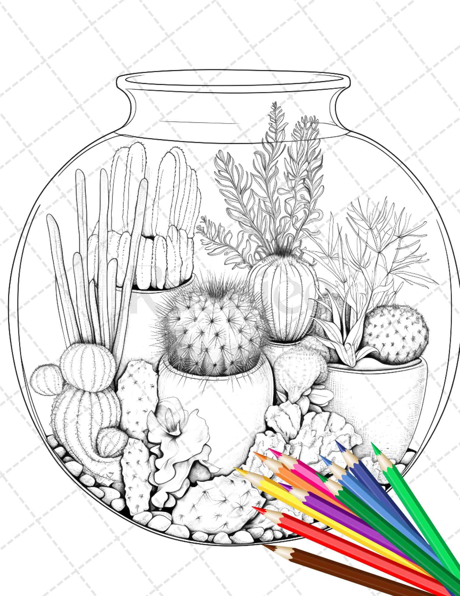 34 Enchanted Terrarium Grayscale Coloring Pages Printable for Adults, PDF File Instant Download