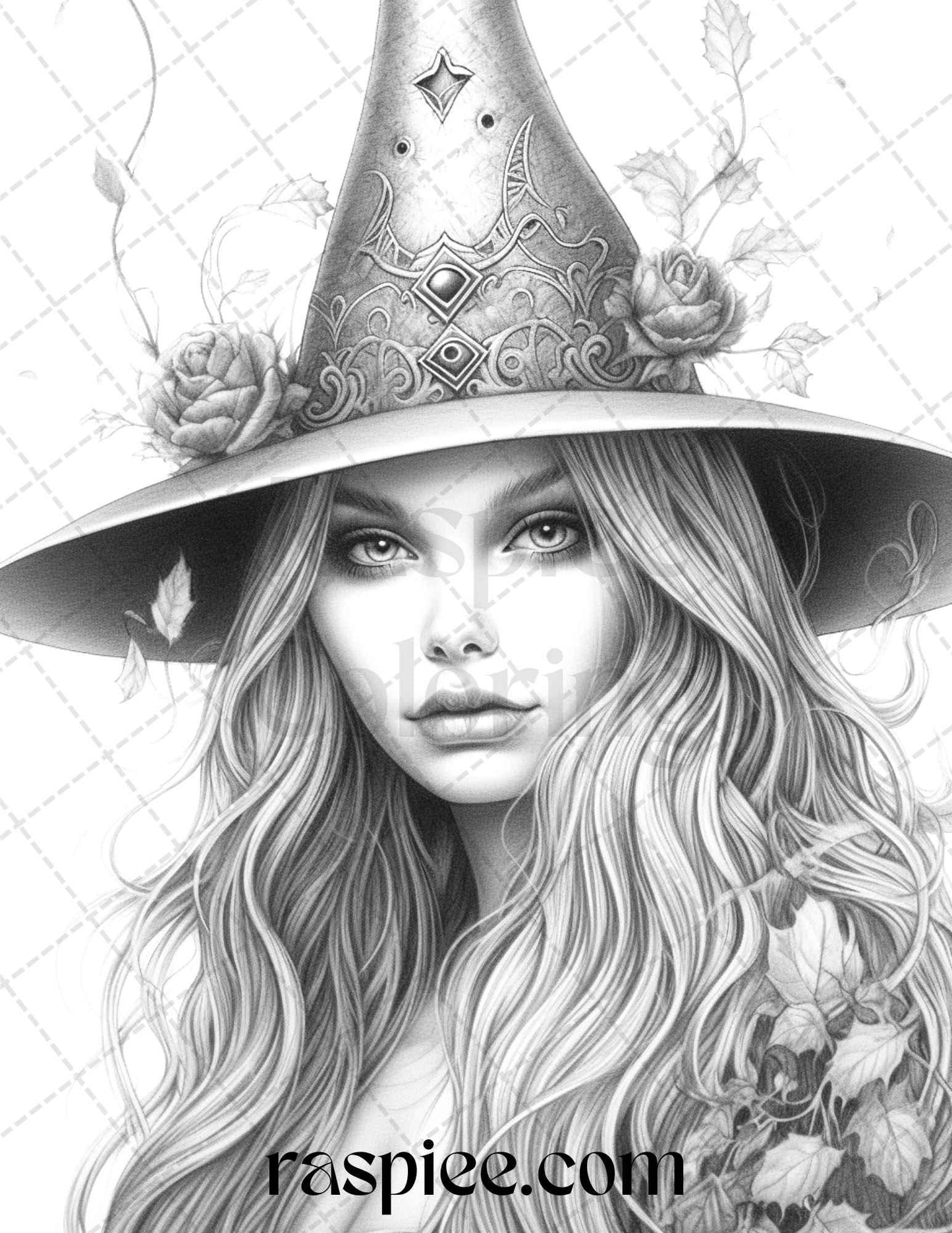 40 Beautiful Witches Grayscale Coloring Pages Printable for Adults, PDF File Instant Download