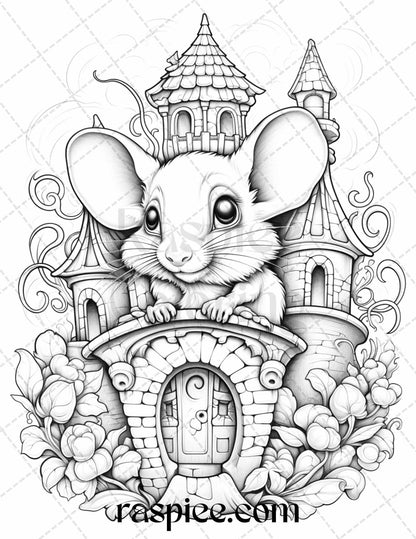 40 Magical Mouse Houses Grayscale Coloring Pages Printable for Adults, PDF File Instant Download