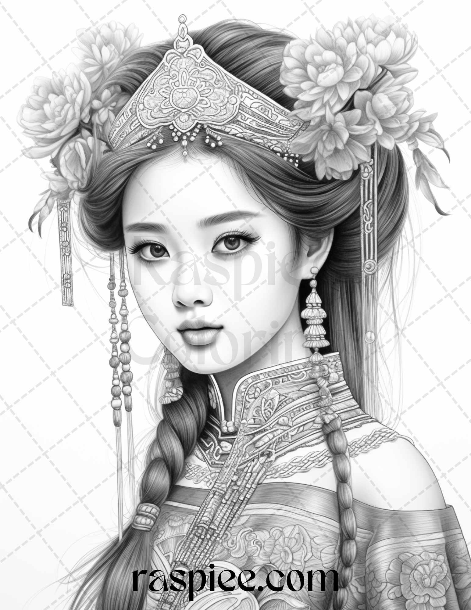 40 Beautiful Chinese Girls Grayscale Coloring Pages for Adults, Printable PDF File Instant Download