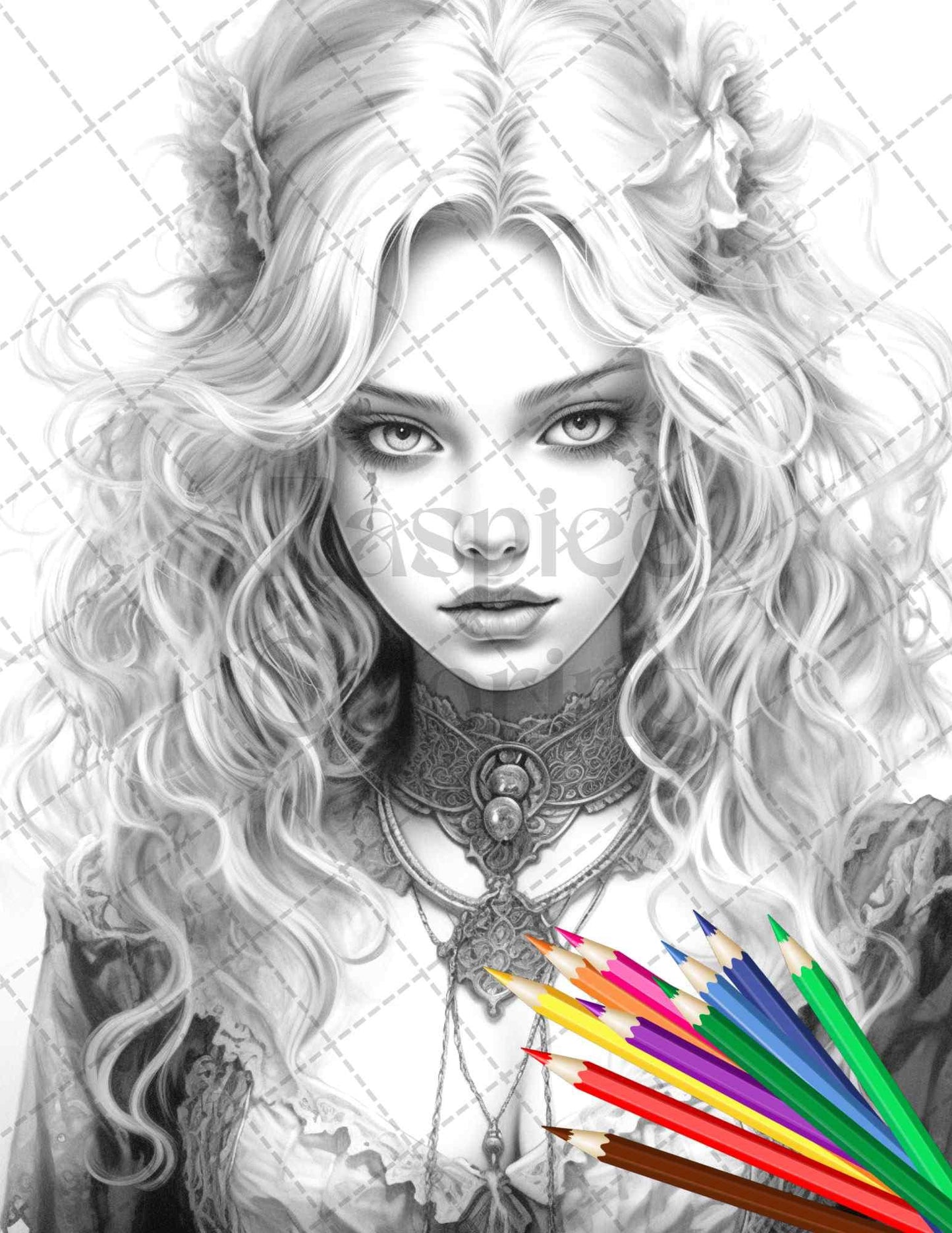 40 Beautiful Gothic Girls Grayscale Coloring Pages Printable for Adults, PDF File Instant Download