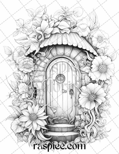 40 Flower Fairy Doors Grayscale Coloring Pages Printable for Adults, PDF File Instant Download