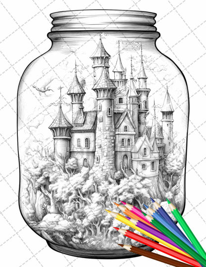 42 Fantasy Castle In Jar Grayscale Coloring Pages Printable for Adults, PDF File Instant Download