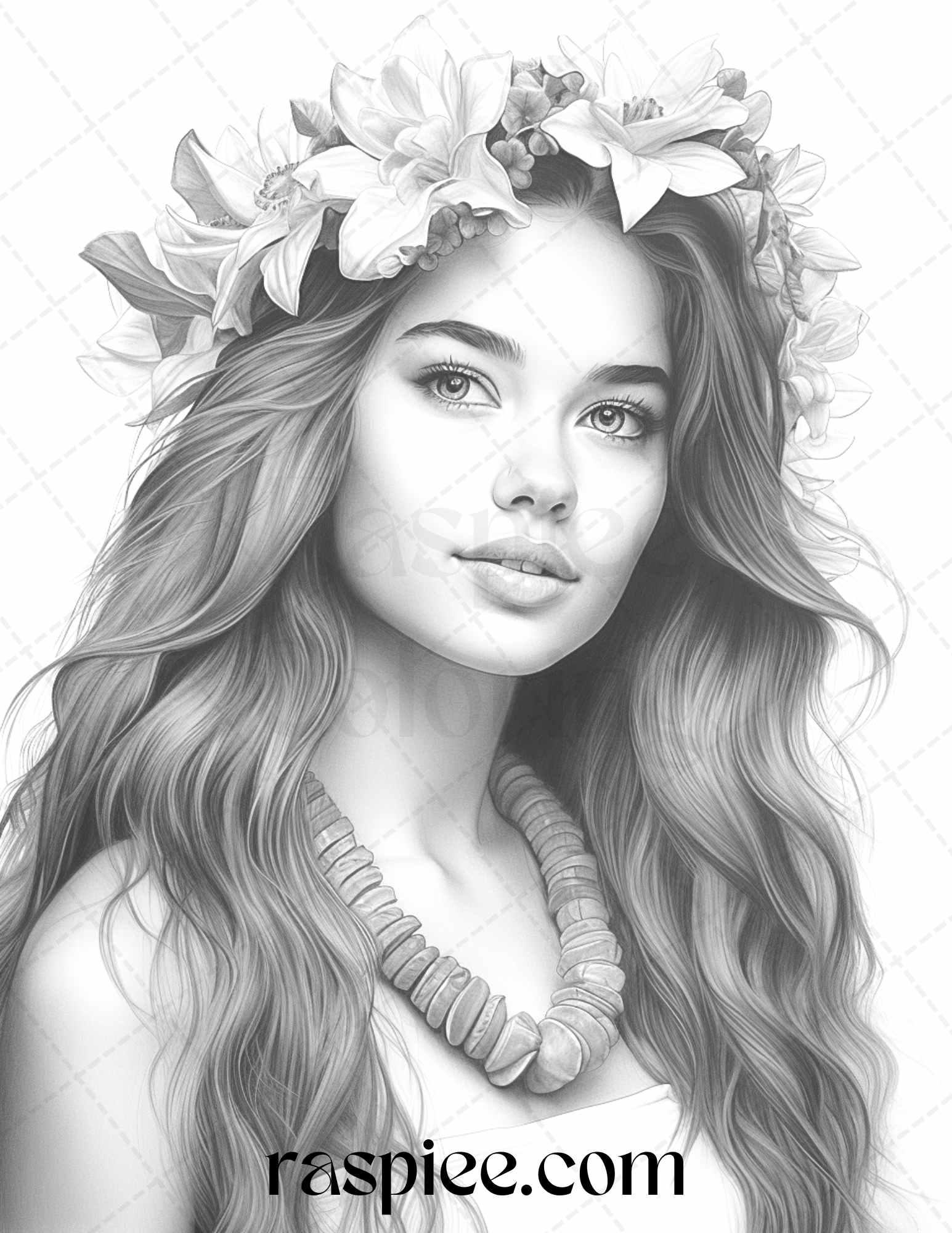 40 Hawaiian Girls Grayscale Coloring Pages Printable for Adults, PDF File Instant Download