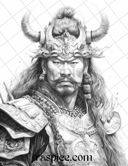 42 Japanese Samurai Grayscale Coloring Pages for Adults, Printable PDF File Instant Download