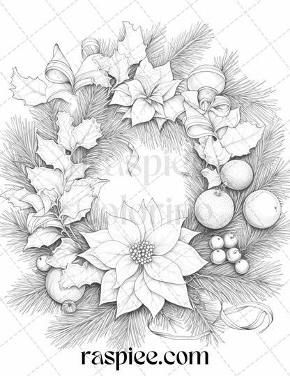 40 Christmas Wreath Grayscale Coloring Pages Printable for Adults, PDF File Instant Download