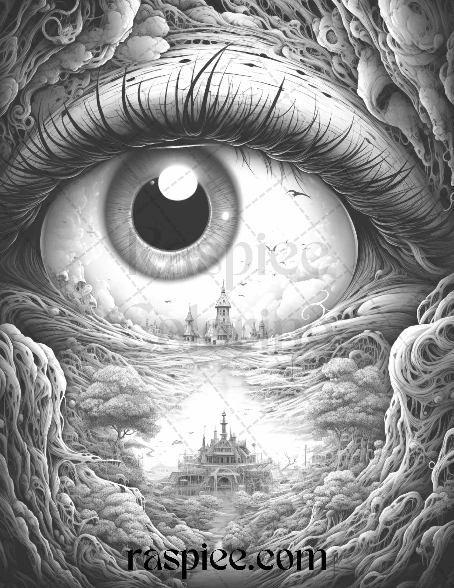 40 Surrealism Eyes Grayscale Coloring Pages Printable for Adults, PDF File Instant Download