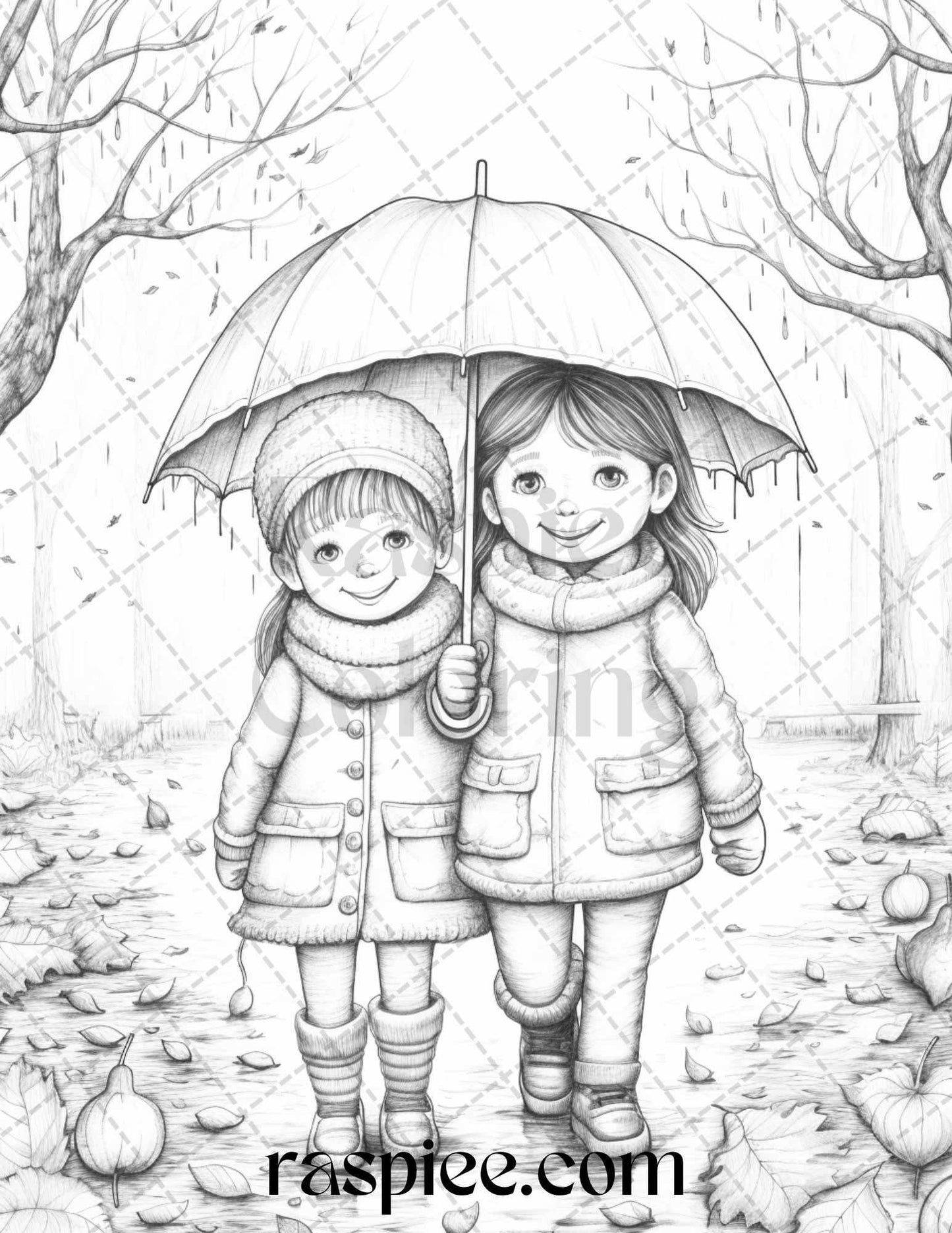 40 Rainy Autumn Day Grayscale Coloring Pages Printable for Adults and Kids, PDF File Instant Download