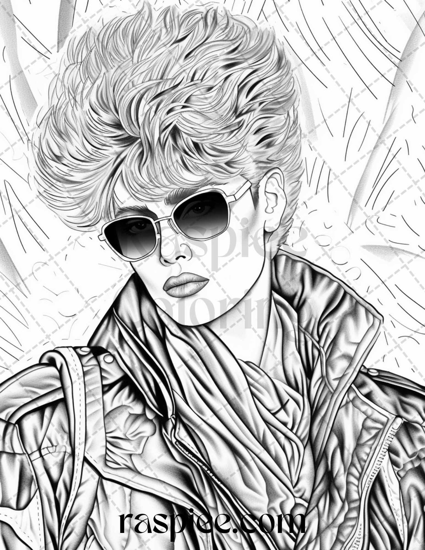 1980s New Wave Pop Star Grayscale Coloring Pages Printable for Adults, PDF File Instant Download