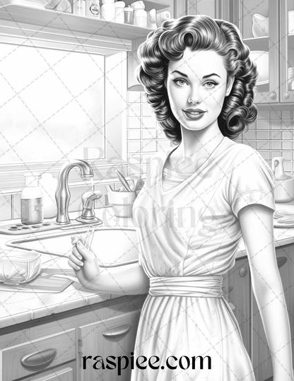 40 Retro Housewives Grayscale Coloring Pages for Adults, Printable PDF File Instant Download