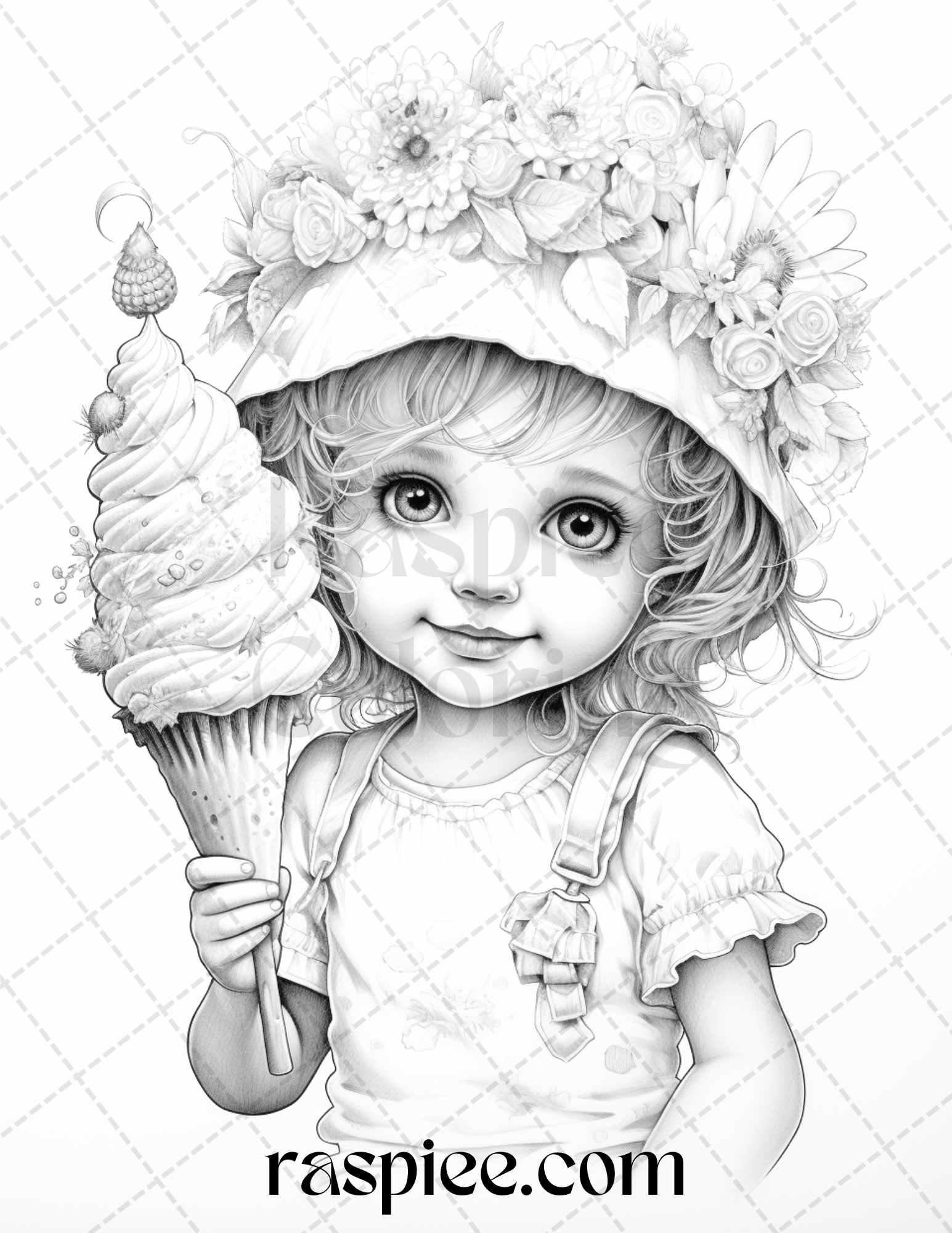 42 Adorable Girls with Ice Cream Grayscale Coloring Pages Printable for Adults Kids, PDF File Instant Download