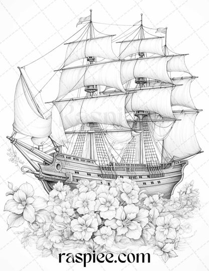 44 Flower Ships Graysale Coloring Pages Printable for Adults, PDF File Instant Download