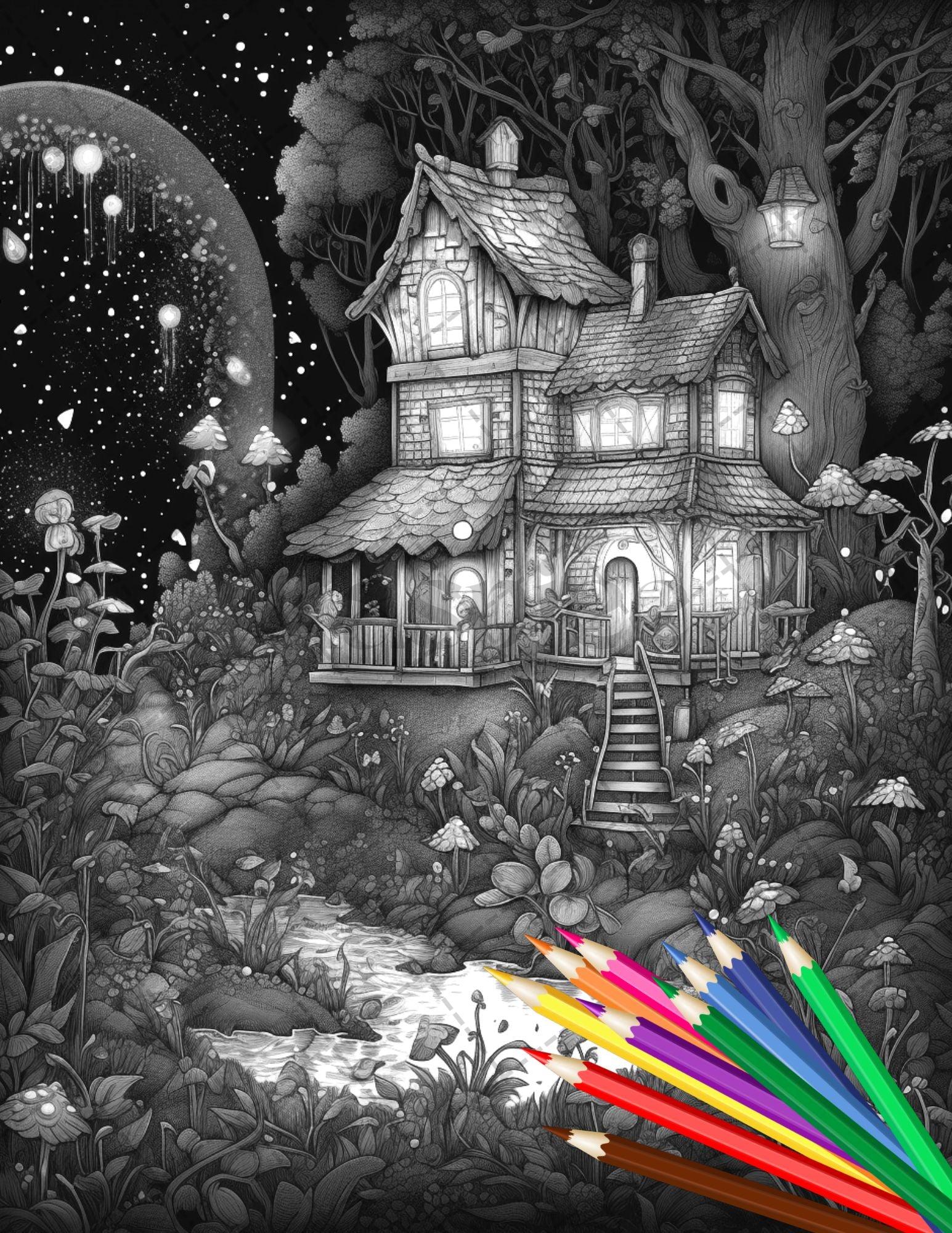 30 Fantasy Fairy Houses Coloring Page Book, Printable Adult Coloring Pages, Enchanted Fairy Home Grayscale Coloring Book, Printable PDF File