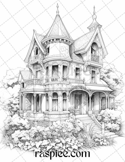 40 Victorian Houses Grayscale Coloring Pages Printable for Adults, PDF File Instant Download