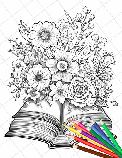 31 Book Flowers Coloring Pages Printable for Adults, Grayscale Coloring Page, PDF File Instant Download