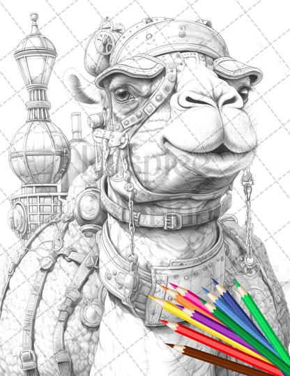 45 Steampunk Animals Grayscale Coloring Pages Printable for Adults Vol. 2, PDF File Instant Download