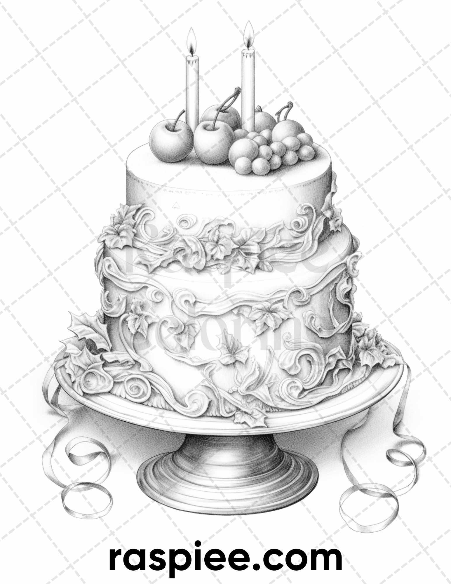 45 Christmas Cakes Grayscale Coloring Pages for Adults, Printable PDF File Instant Download