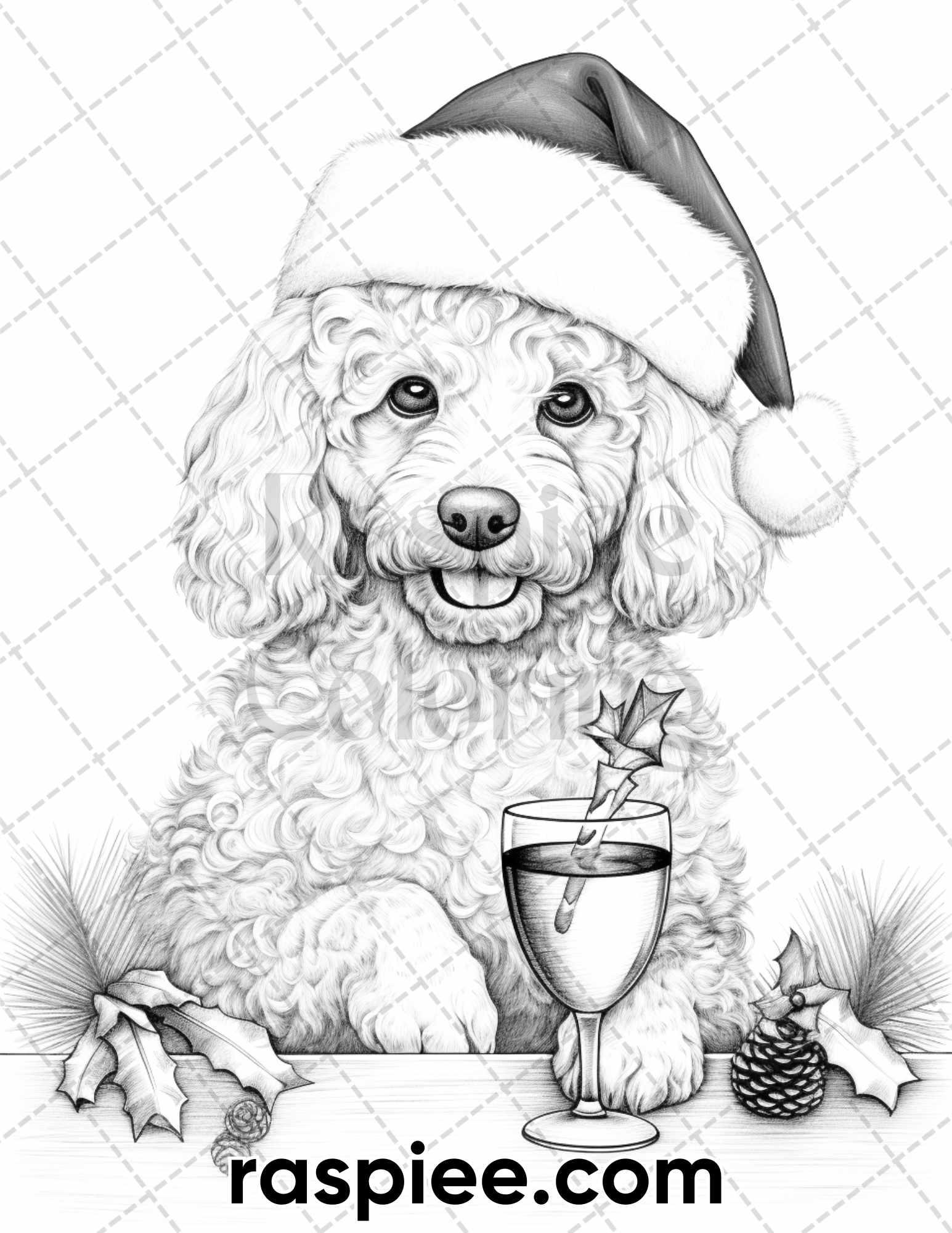 45 Christmas Dogs Grayscale Coloring Pages for Adults, Printable PDF Instant Download