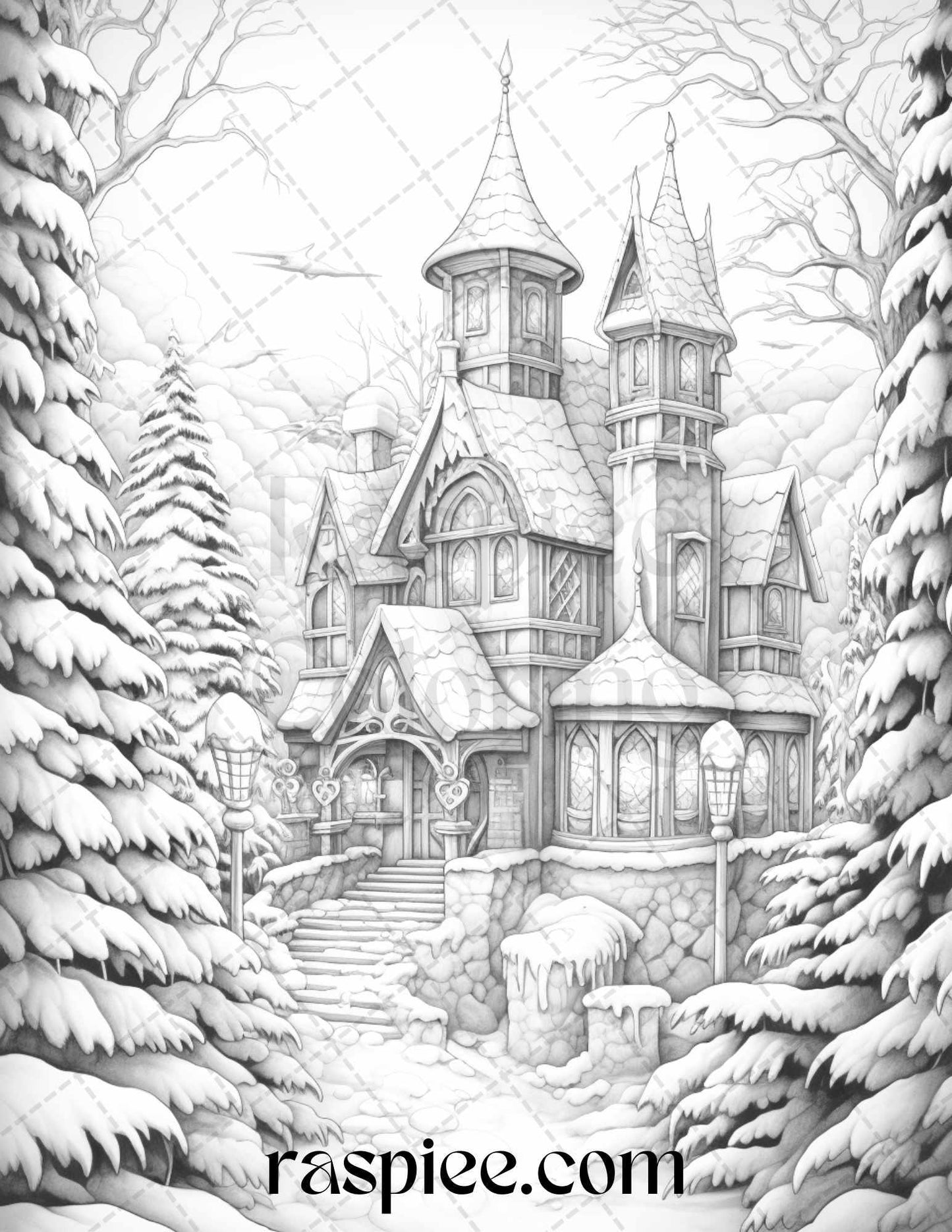 42 Fantasy Christmas Houses Grayscale Coloring Pages Printable for Adults, PDF File Instant Download