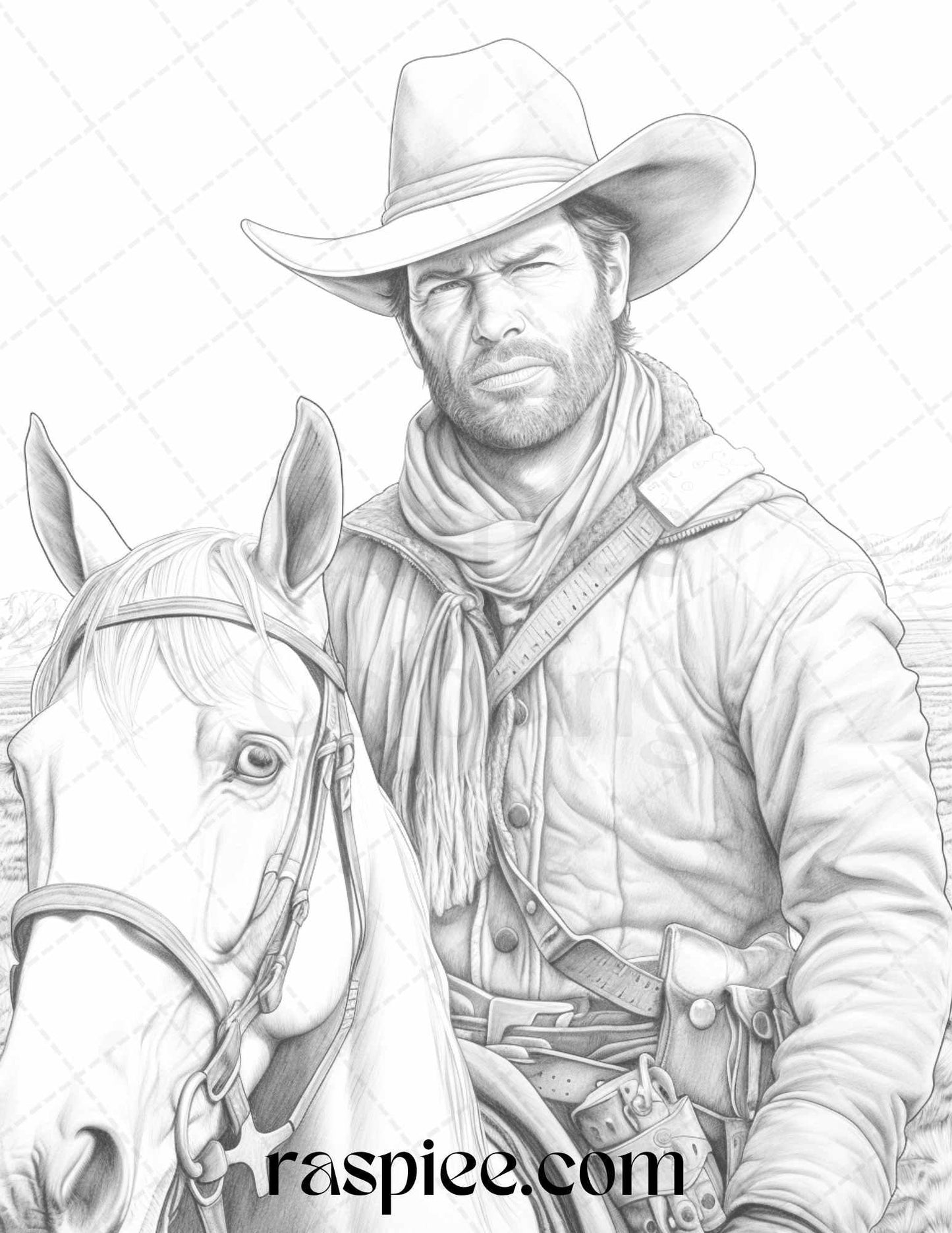 45 Wild West Cowboys Grayscale Coloring Pages Printable for Adults, PDF File Instant Download